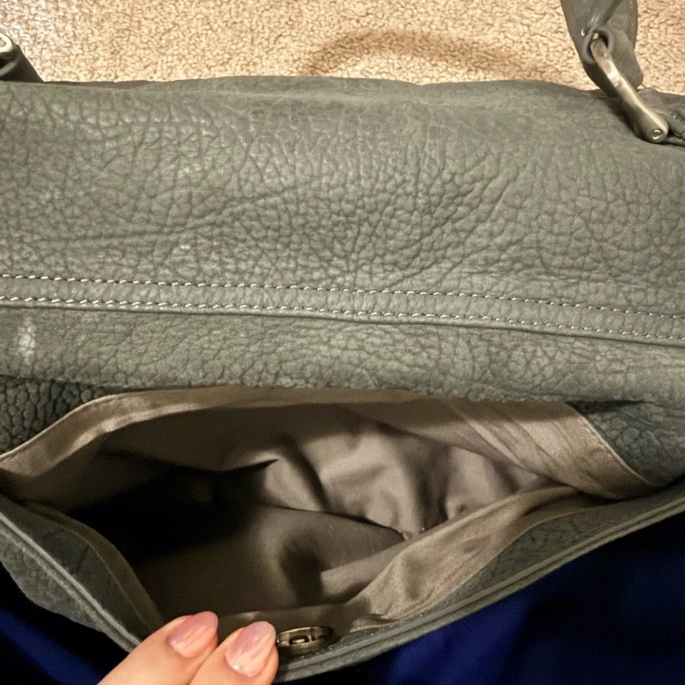 Romy Gold Gray Pebbled Leather Satchel Bag with Fur Trim